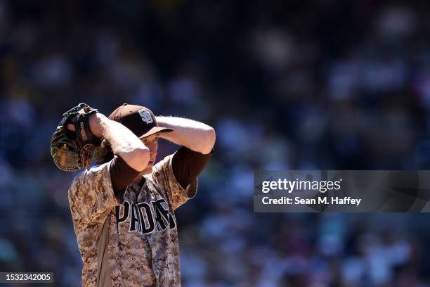 Tim Hill of the San Diego Padres looks on during a game against the Washington Nationals at PETCO Park on June 25, 2023 in San Diego, California.