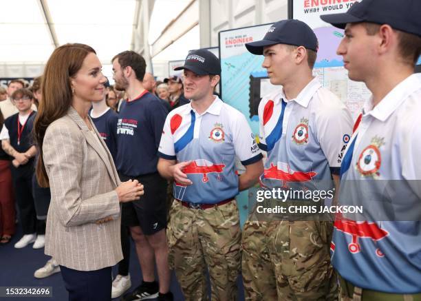 Britain's Catherine, Princess of Wales meets Cadets in the Techno Zone, which aims to inspire young people into exploring science, technology,...