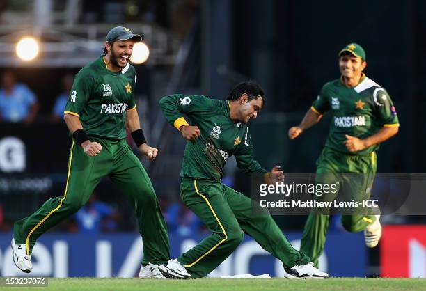 Mohammad Hafeez of Pakistan celebrates bowling David Warner of Australia for LBW during the ICC World Twenty20 2012 Super Eights Group 2 match...
