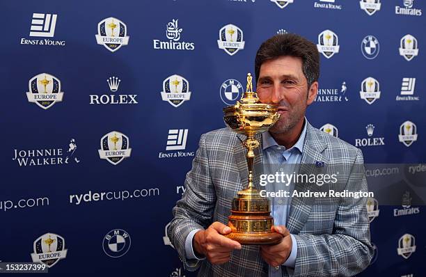 Jose Maria Olazabal, the winning captain, poses with the trophy following The European Ryder Cup Press Conference at Heathrow Airport on October 2,...