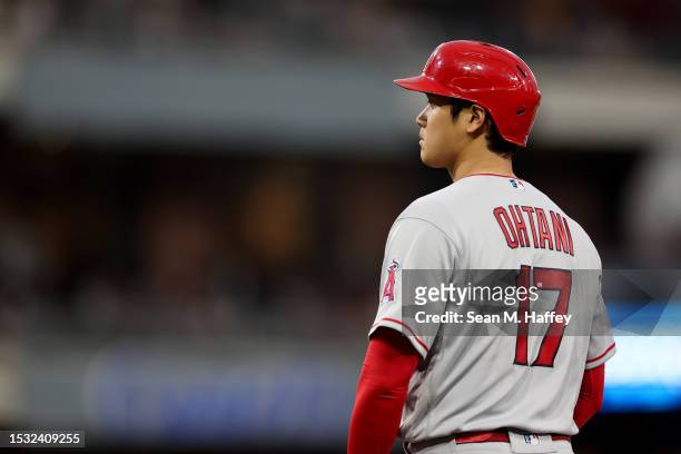 Shohei Ohtani of the Los Angeles Angels looks on during a game against the San Diego Padres at PETCO Park on July 03, 2023 in San Diego, California.