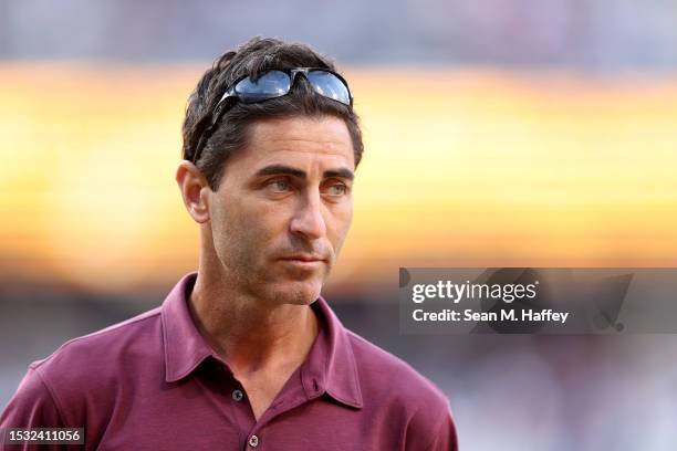 General Manager A.J. Preller of the San Diego Padres looks on prior to a game against the Los Angeles Angels at PETCO Park on July 03, 2023 in San...