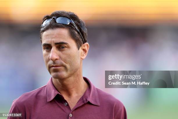 General Manager A.J. Preller of the San Diego Padres looks on prior to a game against the Los Angeles Angels at PETCO Park on July 03, 2023 in San...