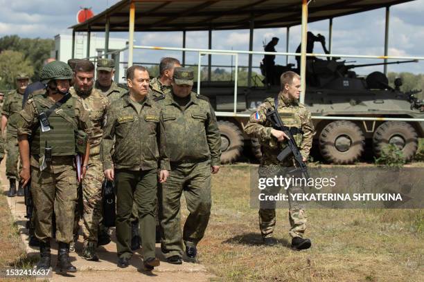 Deputy Chairman of the Security Council of Russia Dmitry Medvedev visits the Totsky military training field outside Siberian city of Orenburg, on...