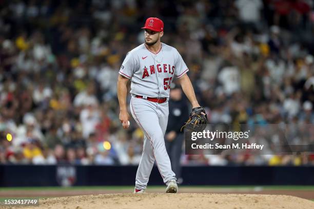 Victor Mederos of the Los Angeles Angels looks on during a game against the San Diego Padres at PETCO Park on July 03, 2023 in San Diego, California.