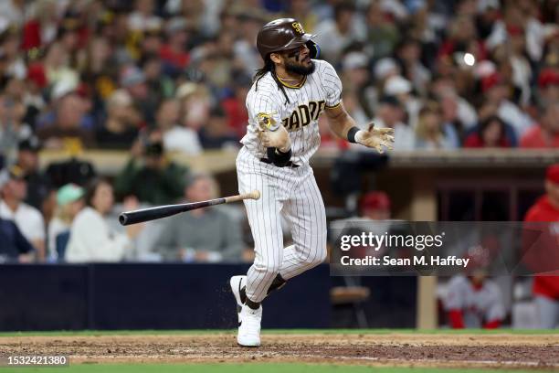 Fernando Tatis Jr. #23 of the San Diego Padres runs to first base during a game against the Los Angeles Angels at PETCO Park on July 03, 2023 in San...