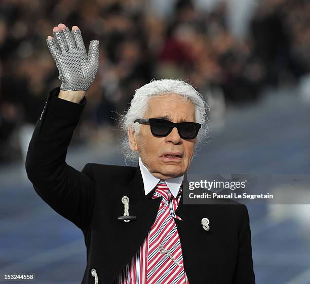 Karl Lagerfeld walks the runway during the Chanel Spring / Summer 2013 show as part of Paris Fashion Week at Grand Palais on October 2, 2012 in...