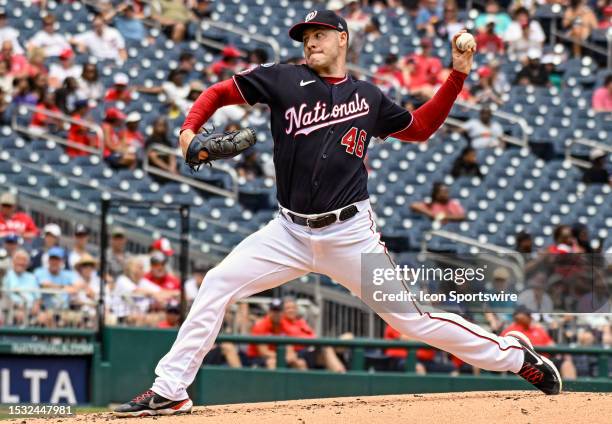 July 09: Washington Nationals starting pitcher Patrick Corbin pitches during the Texas Rangers versus the Washington Nationals on July 9, 2023 at...