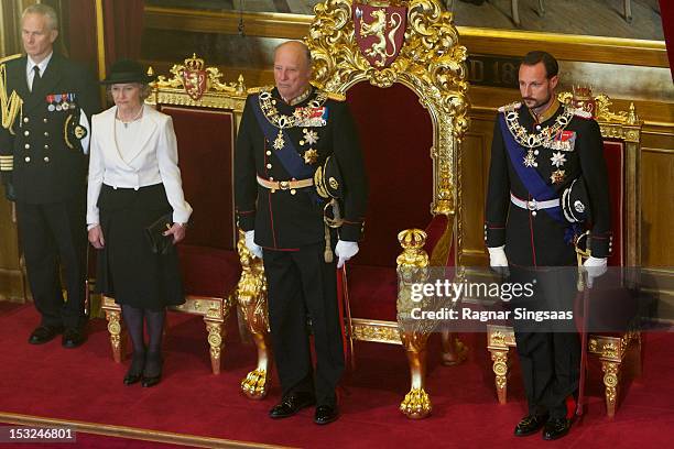 Queen Sonja of Norway, King Harald V of Norway and Prince Haakon of Norway attend the opening of the 157th Storting on October 2, 2012 in Oslo,...