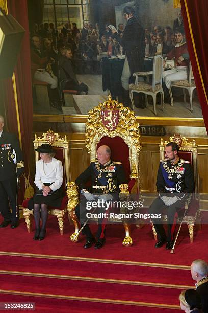 Queen Sonja of Norway, King Harald V of Norway and Prince Haakon of Norway attend the opening of the 157th Storting on October 2, 2012 in Oslo,...