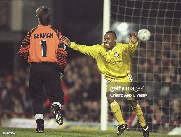 Rod Wallace celebrates his goal for Leeds during the FA cup Fourth round tie between Arsenal and Leeds at Highbury in London. Leeds won the match...