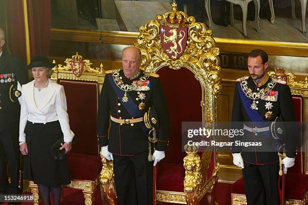 Queen Sonja of Norway, King Harald V of Norway and Prince Haakon of Norway attend the opening of the 157th Storting on October 2, 2012 in Oslo,...