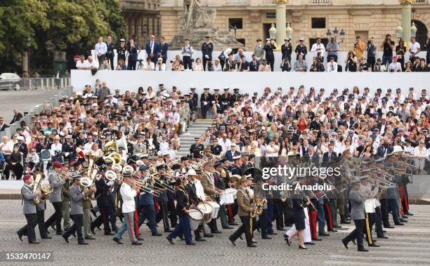 French Prime Minister Elisabeth Borne, Indian Prime Minister Narendra Modi French President Emmanuel Macron and his wife Brigitte Macron attend the...