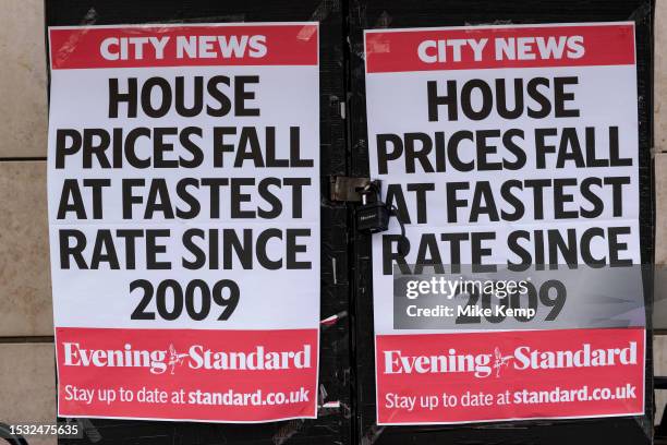 Evening Standard newspaper headline poster reports that house prices in the UK fell at the fastest rate since 2009 on 6th July 2023 in London, United...