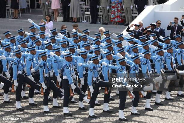 Military personnel march during the Bastille Day military parade in Paris, France on July 14, 2023.