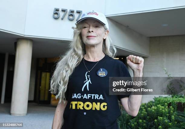 Frances Fisher joins the picket line in support of the SAG-AFTRA and WGA strike on Day 2 at the SAG-AFTRA Building on July 14, 2023 in Los Angeles,...