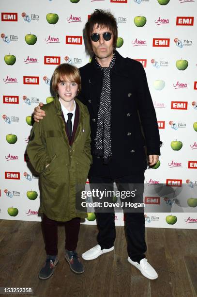 Liam Gallagher and his son Gene Gallagher attend a gala screening of Magical Mystery Tour at The BFI Southbank on October 2, 2012 in London, England.