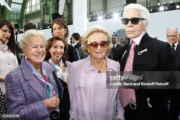 Madame Serge Dassault, Bernadette Chirac and Karl Lagerfeld pose after the Chanel Spring / Summer 2013 show as part of Paris Fashion Week at Grand...
