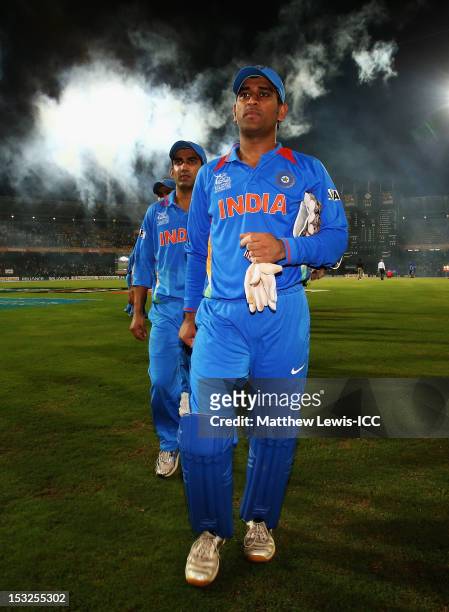 Dhoni of India walks off with his team, after his team are knocked out of the Super Eights during the ICC World Twenty20 2012 Super Eights Group 2...