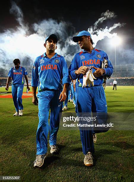 Dhoni of India walks off with his team, after his team are knocked out of the Super Eights during the ICC World Twenty20 2012 Super Eights Group 2...