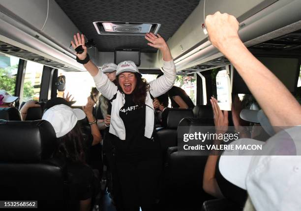 President Fran Drescher boards a bus with guild members traveling to picket lines in Los Angeles, California, on July 14, 2023. Tens of thousands of...