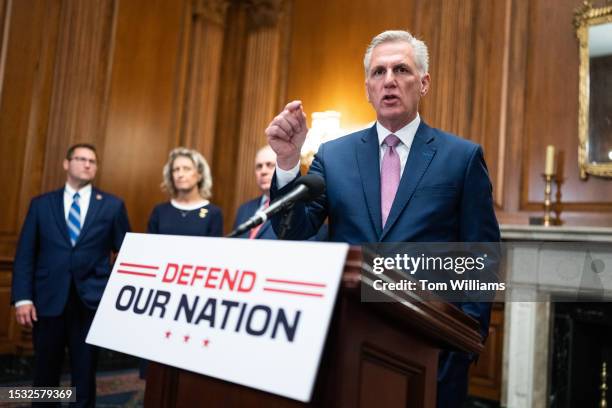 Speaker of the House Kevin McCarthy, R-Calif., conducts a news conference in the U.S. Capitol after House passed the National Defense Authorization...