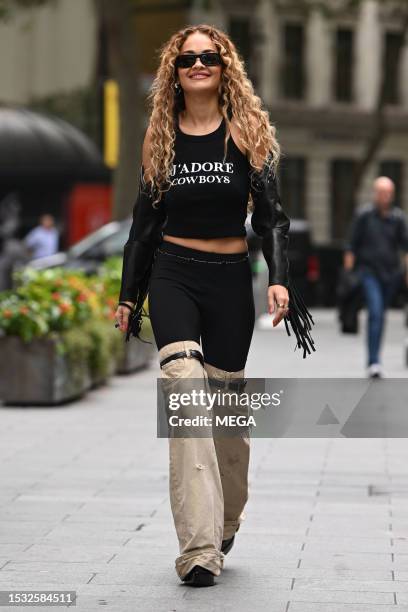 Rita Ora is seen arriving at Global Radio on July 14, 2023 in London, United Kingdom.