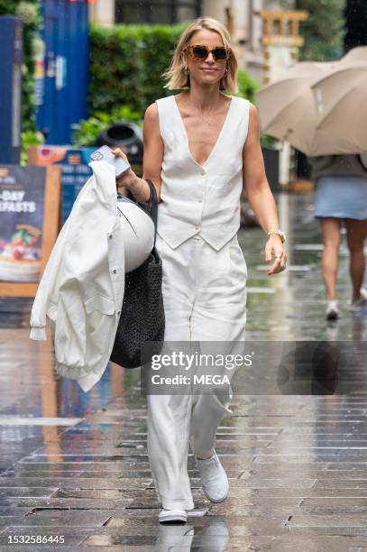 Vogue Williams is seen leaving Global Studios on July 14, 2023 in London, United Kingdom.