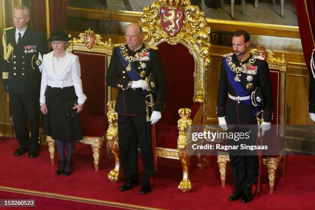 Queen Sonja of Norway, King Harald V of Norway and Prince Haakon of Norway attend the opening of the 157th Storting on October 2, 2012 in Oslo,...