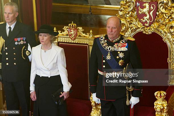 Queen Sonja of Norway and King Harald V of Norway attend the opening of the 157th Storting on October 2, 2012 in Oslo, Norway.