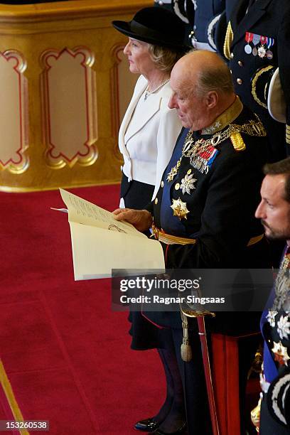 Queen Sonja of Norway, King Harald V of Norway and Prince Haakon of Norway attend the opening of the 157th Storting on October 2, 2012 in Oslo,...
