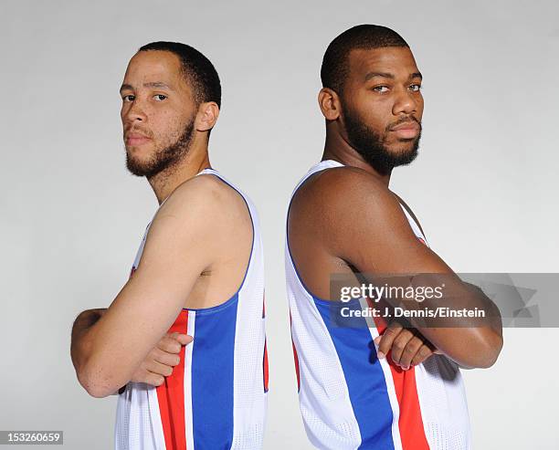 Tayshaun Prince and Greg Monroe of the Detroit Pistons poses during media day on October 1, 2012 at The Palace of Auburn Hills in Auburn Hills,...