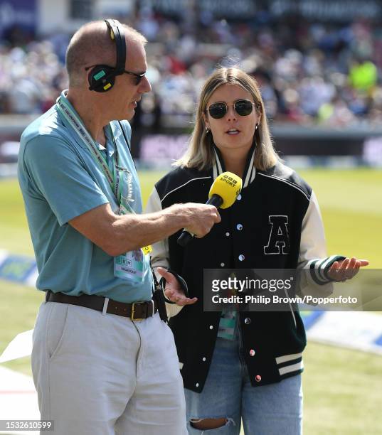 Simon Mann and Alex Hartley of the BBC talk before the second day of the 3rd Test between England and Australia at Headingley on July 07, 2023 in...