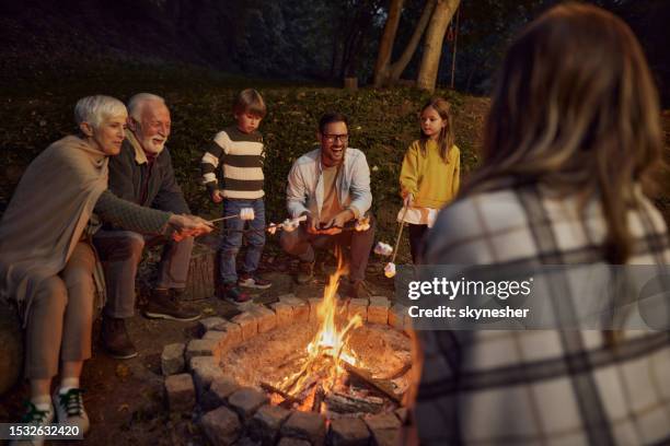 glückliche mehrgenerationenfamilie, die nachts marshmallows in flammen röstet. - offenes feuer stock-fotos und bilder