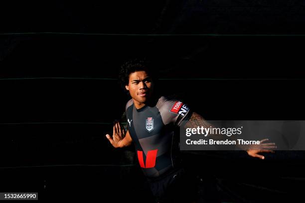 Brian To'o of the Blues warms up during the New South Wales Blues State of Origin captain's run at NSWRL Centre of Excellence on July 11, 2023 in...