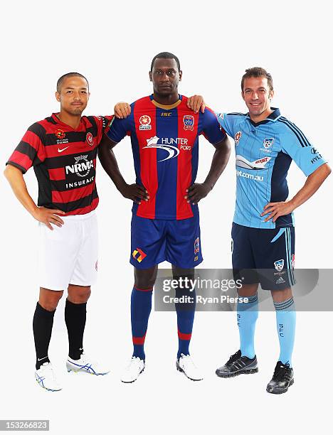 Shinji Ono of Western Sydney Wanderers FC, Emile Heskey of Newcastle Jets and Alessandro Del Piero of Sydney FC pose during a 2012/13 A-League player...