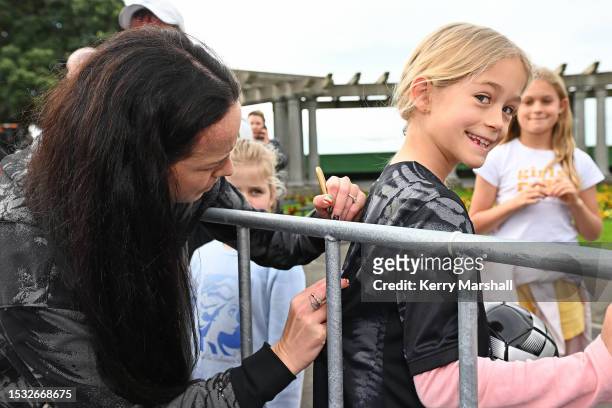 Olivia Chance of the New Zealand Football Ferns signs autographs during a New Zealand Football Ferns Fan Event at Napier Soundshell at on July 11,...