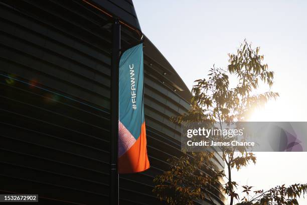 Detailed view of a FIFA World Cup Australia & New Zealand 2023 banner is seen outside the Sydney Football Stadium ahead of the FIFA World Cup...
