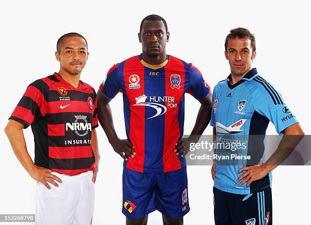 Shinji Ono of Western Sydney Wanderers FC, Emile Heskey of Newcastle Jets and Alessandro Del Piero of Sydney FC pose during a 2012/13 A-League player...