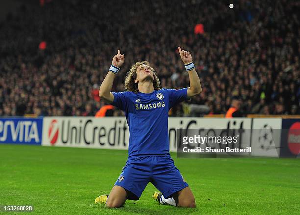 David Luiz of Chelsea celebrates after scoring during the UEFA Champions League Group E match between FC Nordsjaelland and Chelsea at Parken Stadium...