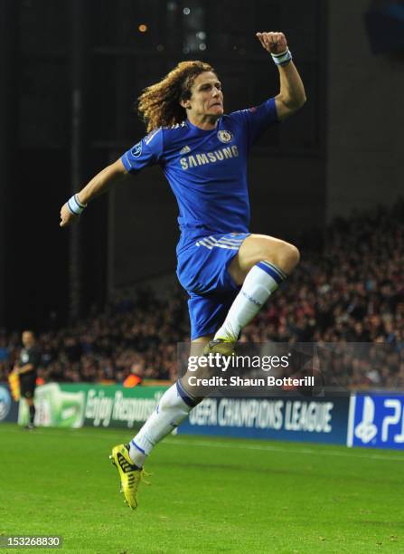 David Luiz of Chelsea celebrates after scoring during the UEFA Champions League Group E match between FC Nordsjaelland and Chelsea at Parken Stadium...