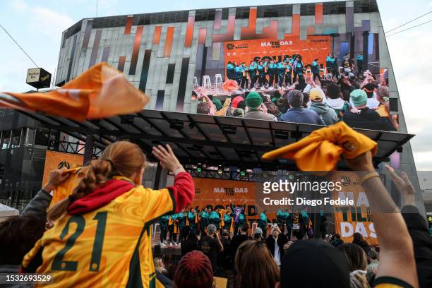 Matildas' supporters cheer as the players leave the stage during the Australia Matildas World Cup squad public presentation at Federation Square on...