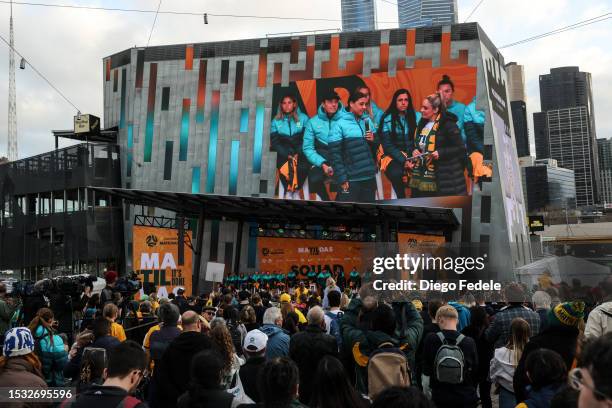 General view of the crowd during the Australia Matildas World Cup squad public presentation at Federation Square on July 11, 2023 in Melbourne,...