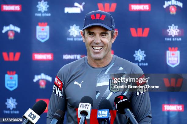 Blues coach, Brad Fittler speaks to the media during the New South Wales Blues State of Origin captain's run at NSWRL Centre of Excellence on July...