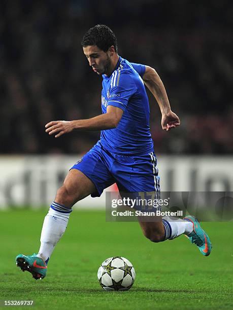 Eden Hazard of Chelsea in action during the UEFA Champions League Group E match between FC Nordsjaelland and Chelsea at Parken Stadium on October 2,...