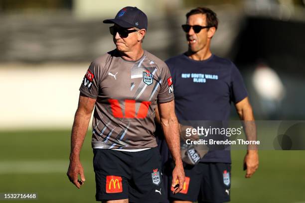 Blues advisor, Greg Alexander and Andrew Johns speak during the New South Wales Blues State of Origin captain's run at NSWRL Centre of Excellence on...