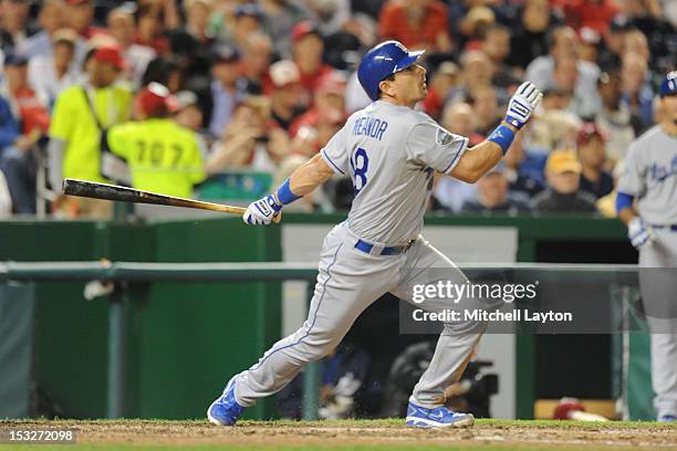 Matt Treanor of the Los Angeles Dodgers takes a swing during a baseball game against the Washington Nationals on September 19, 2012 at Nationals Park...