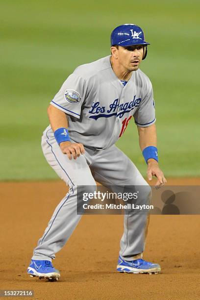 Matt Treanor of the Los Angeles Dodgers leads off second base during a baseball game against the Washington Nationals on September 19, 2012 at...