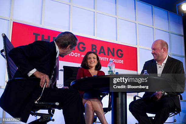 Sheryl Sandberg, chief operating officer of Facebook Inc., center, speaks during an interview with Charlie Rose, left, and venture capitalist Marc...