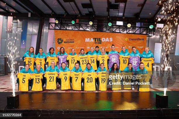 The Matildas pose with their jerseys during the Australia Matildas World Cup squad public presentation at Federation Square on July 11, 2023 in...